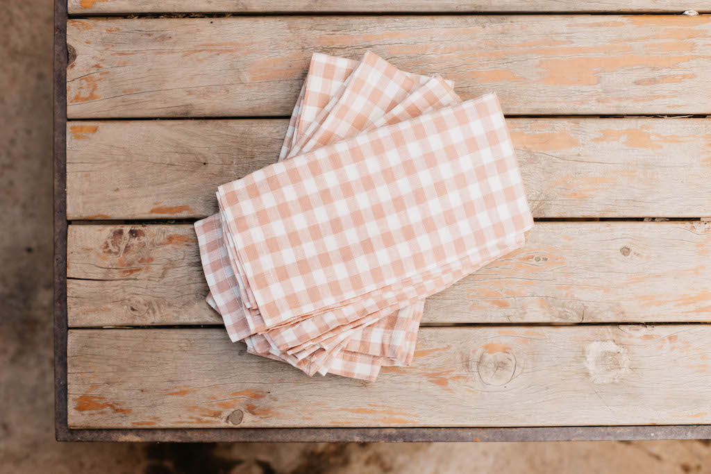 100% French Flax Linen Napkin (Set of 6)-Pink Gingham