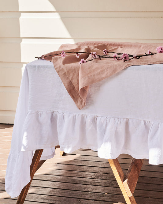100% French Linen Tablecloth – White (with flounce) LARGE