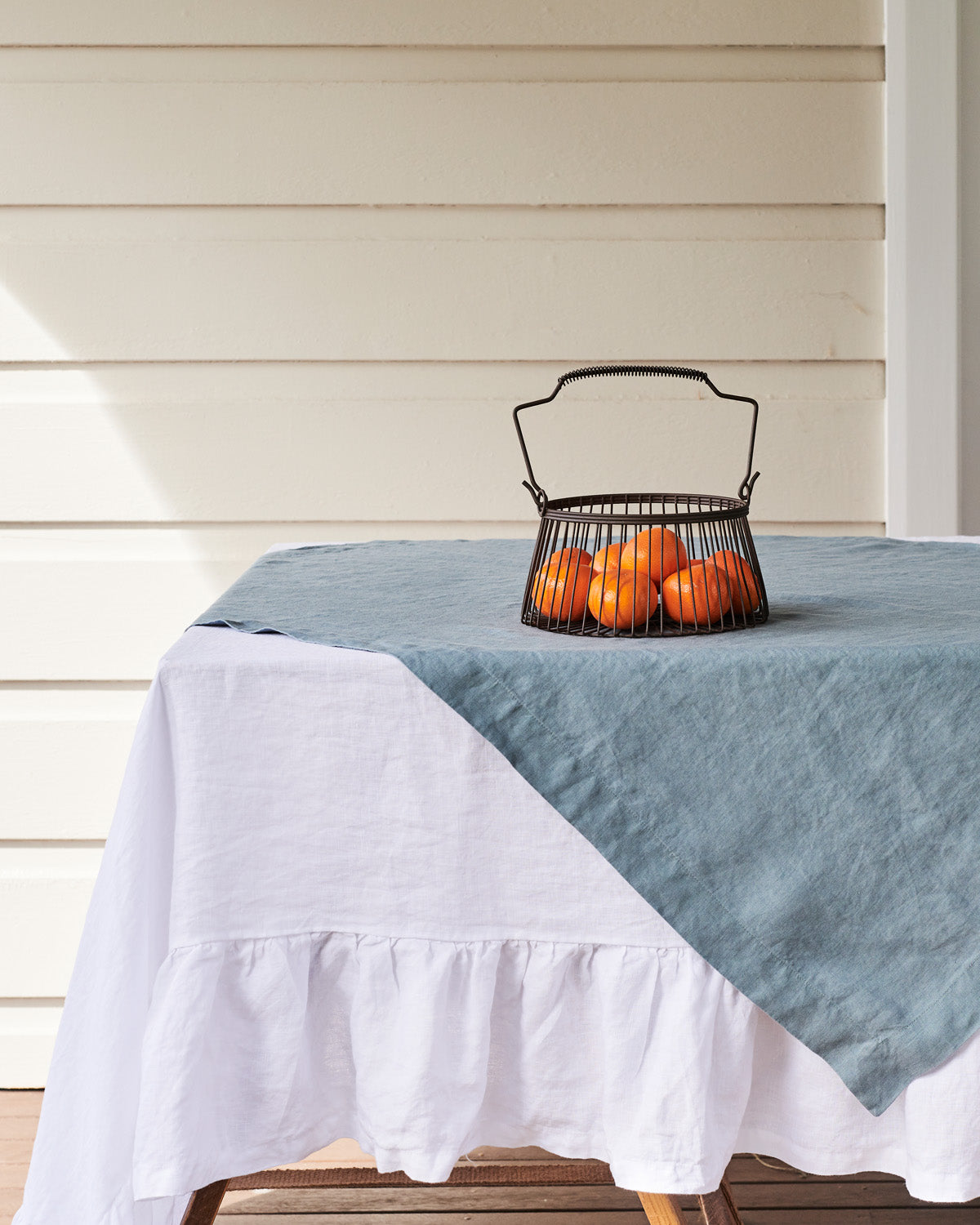 100% French Linen Tablecloth – White (with flounce) LARGE