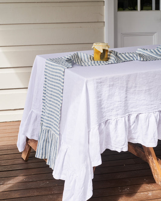 100% French Linen Tablecloth – White (with flounce) LARGE