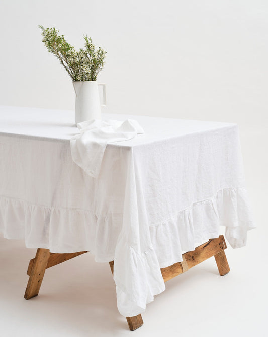 Inspired Table Products 100% French Linen Tablecloth – White (with flounce)
