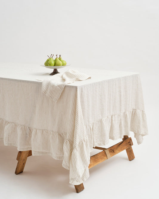 Inspired Table 100% French Linen Tablecloth – Soft Grey Stripe (with flounce)