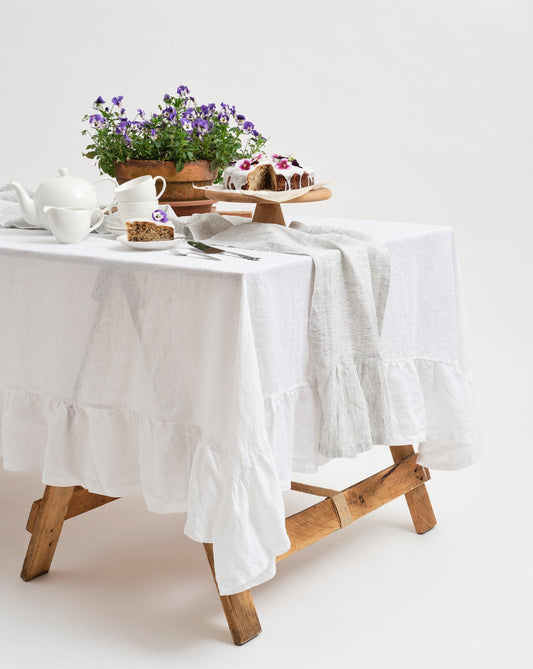 Inspired Table 100% French Linen Table Runner – Blue Grey Stripe (with flounce)